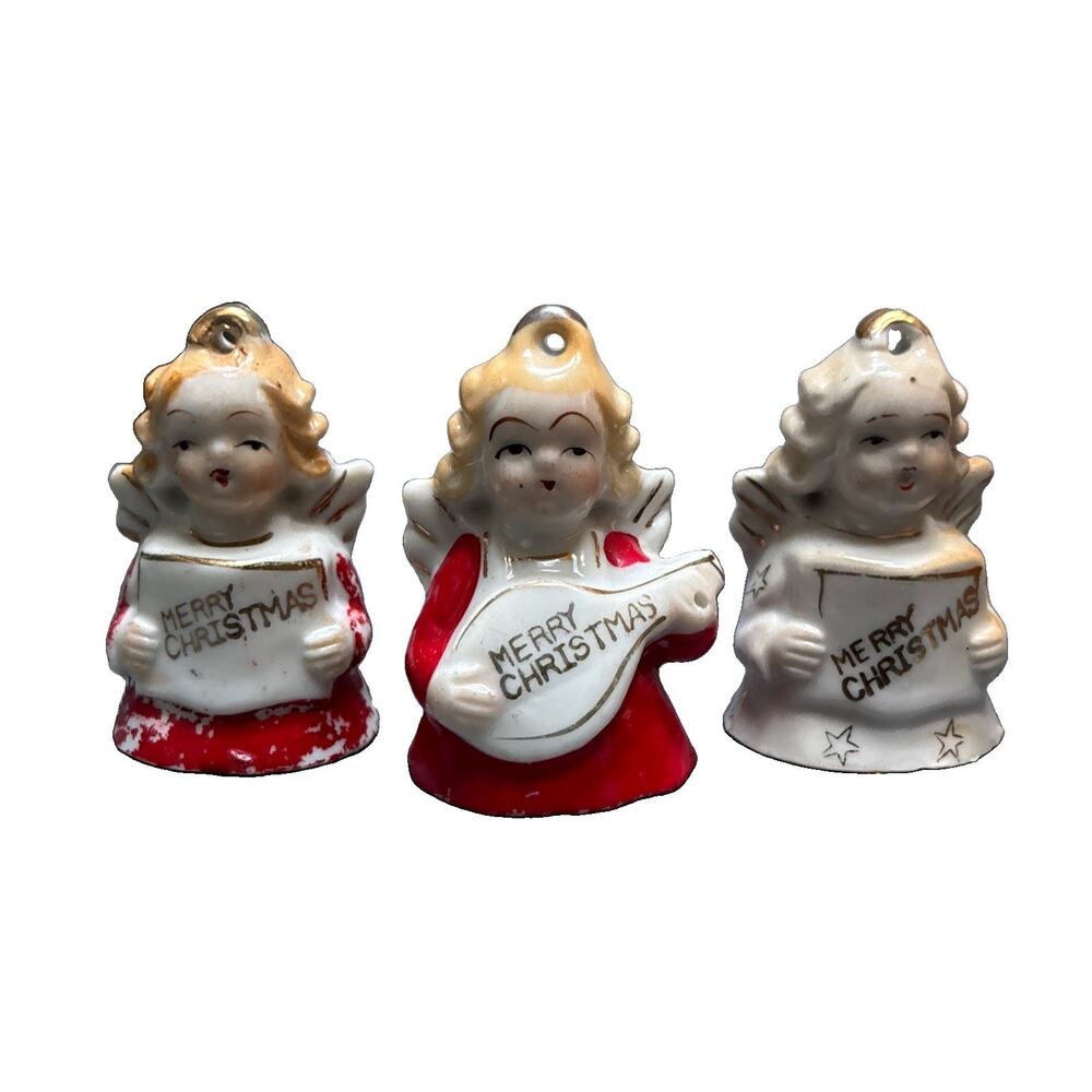 3 Vintage Porcelain MERRY CHRISTMAS Angel Bell Ornaments Japan Hand Painted 50’s
